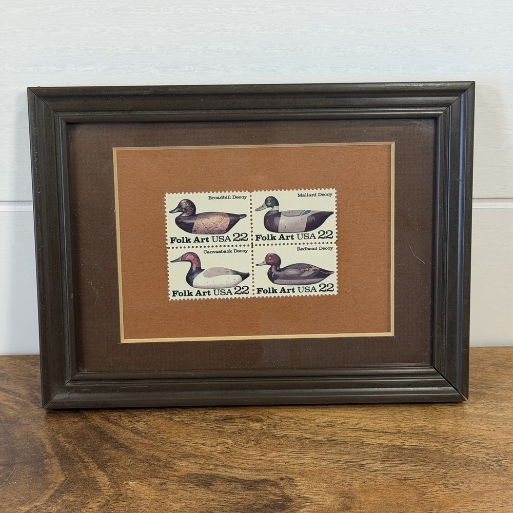 Framed Vintage‎ 1985 Folk Art USA 22¢ Duck Decoy Stamps Block of 4 Rustic Decor